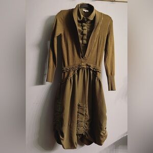 Olive Mixed Media Sweater Dress | Bubble Hem | Ruffle Front | Stretch Knit